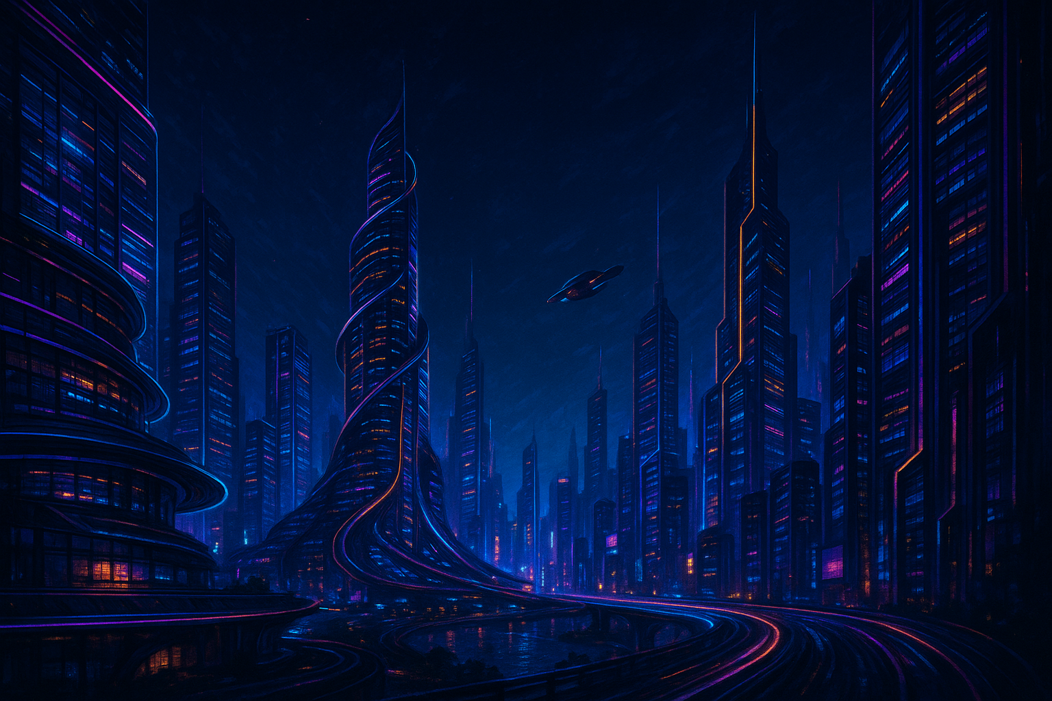 Futuristic Neon Cityscape | Digital Wall Art | Cyberpunk Modern Artwork